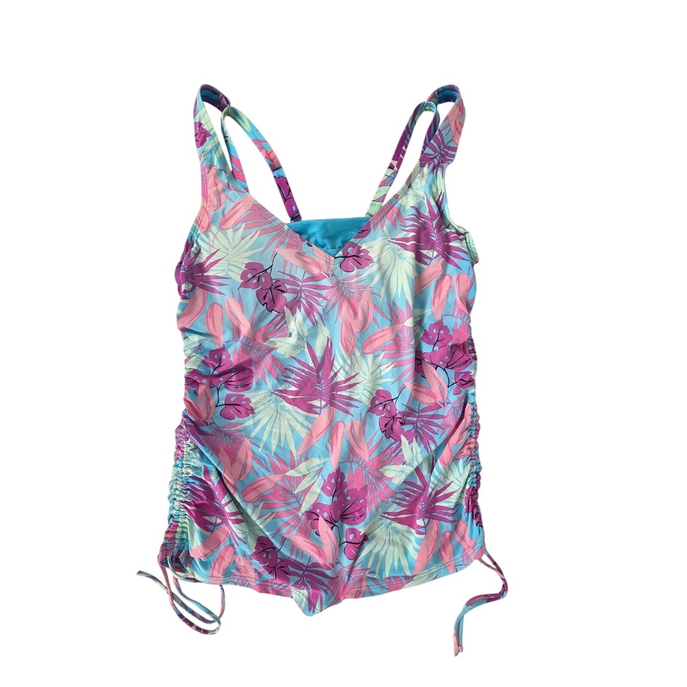 Lands End Womens Tropical Floral Ruched Tankini Top Pink Blue Size 10